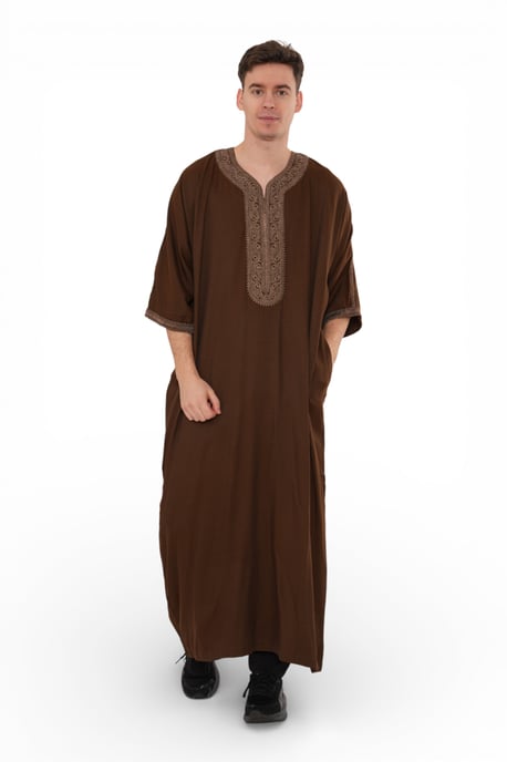 Herren Ramadan Dunkelbraun Marokkanischer Thobe Robe Djellaba Gandoura Eid Jubba- HM67 - Image 2