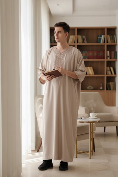 Beige marokkanische Thobe-Robe für Herren Djellaba Gandoura Eid Jubba LFS-HM66 - Image 1