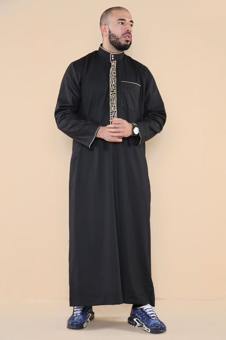 Herren Schwarze Thobe Jubba Emirati Islamische Arabische Eid Stickerei Kaftan Jubbah Robe - Image 2