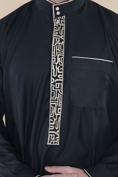 Herren Schwarze Thobe Jubba Emirati Islamische Arabische Eid Stickerei Kaftan Jubbah Robe - Image 5