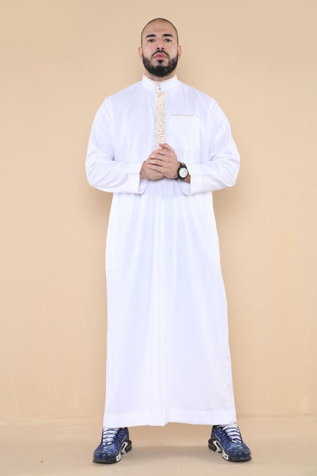 Herren Weiße Thobe Jubba Emirati Islamische Arabische Eid Stickerei Kaftan Jubbah Robe - Image 2