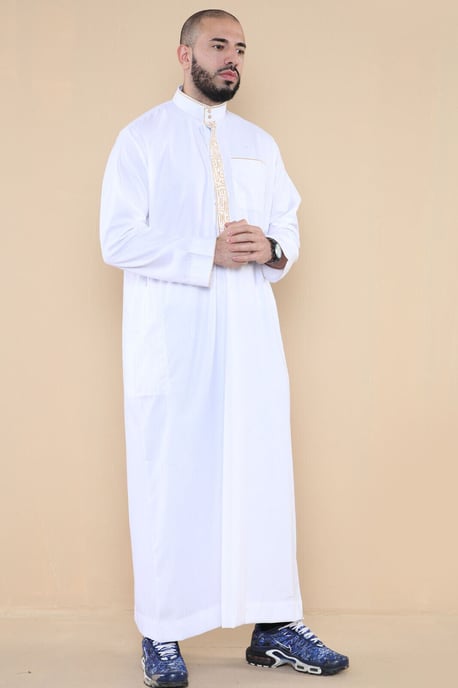 Herren Weiße Thobe Jubba Emirati Islamische Arabische Eid Stickerei Kaftan Jubbah Robe - Image 3
