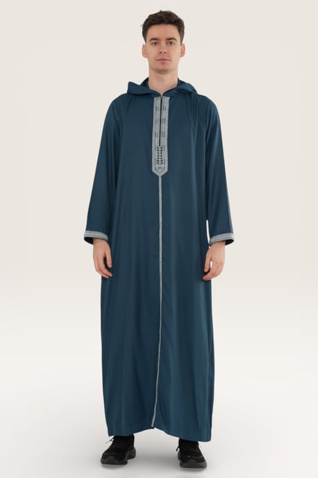 Herren Blaue Eid Kapuzen marokkanische Thobe Robe Djellaba Gandoura Ramadan Jubba LFS- HM3 - Image 2