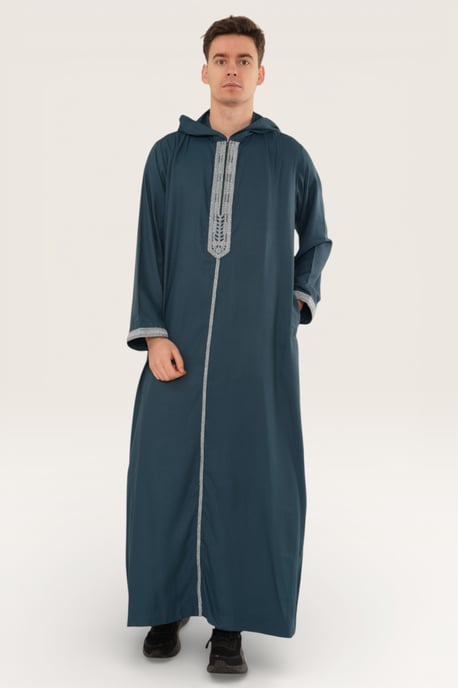 Herren Blaue Eid Kapuzen marokkanische Thobe Robe Djellaba Gandoura Ramadan Jubba LFS- HM3 - Image 3