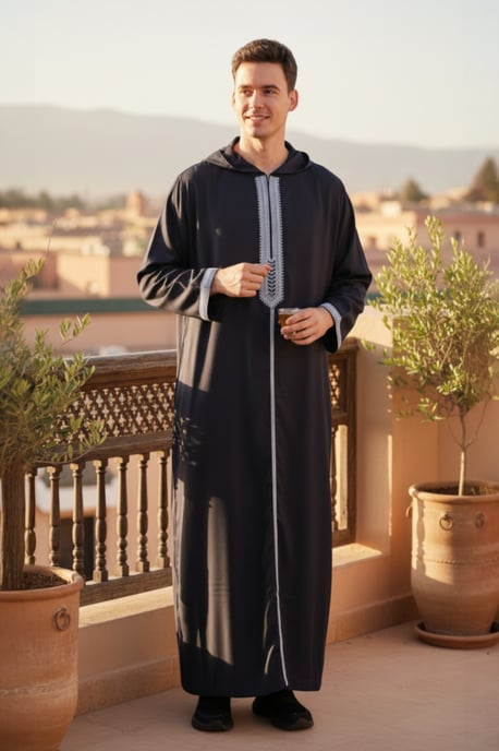 Marokkanische Thobe-Robe für Herren, Marineblau, Eid-Kapuze, Djellaba, Gandoura, Ramadan, Jubba, LFS-HM3 - Image 1