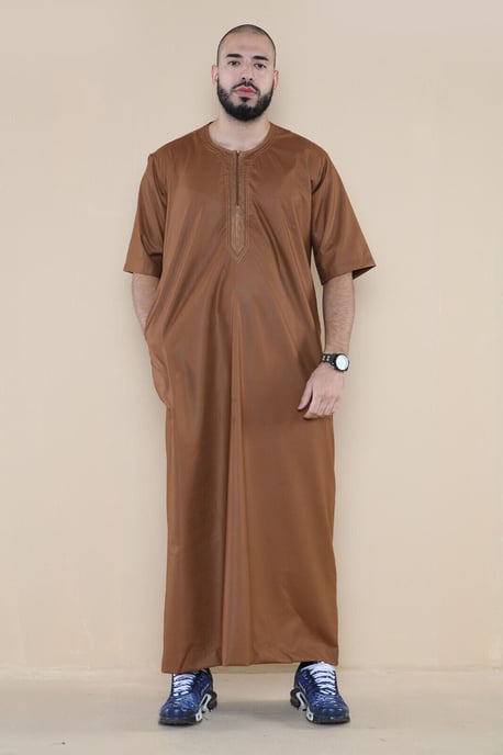 Brauner Thobe Jubba für Herren, islamischer arabischer marokkanischer Saudi-Kaftan mit Reißverschluss und arabischer Robe - Image 4