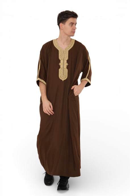 Herren Ramadan Brown Marokkanische Thobe Robe Djellaba Gandoura Eid Jubba- HM67 - Image 2