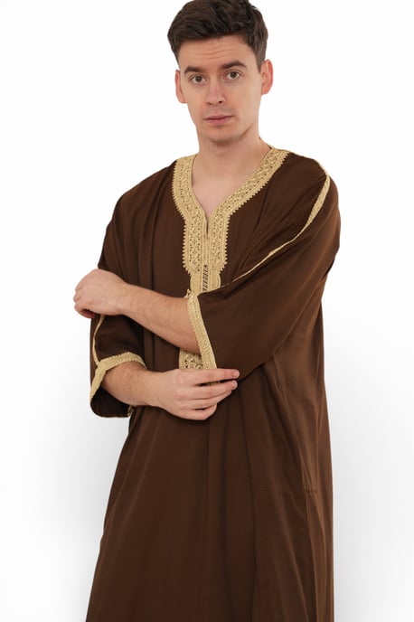 Herren Ramadan Brown Marokkanische Thobe Robe Djellaba Gandoura Eid Jubba- HM67 - Image 5