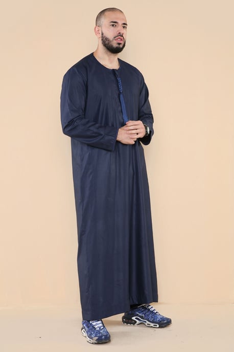 Herren Marineblau Thobe Jubba Saudi Islamisch Arabisch Eid Emirati Kaftan Jubbah Quaste Robe - Image 2