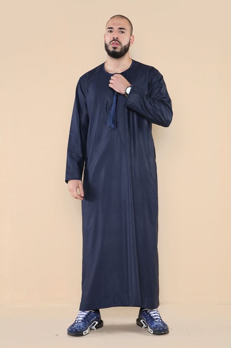 Herren Marineblau Thobe Jubba Saudi Islamisch Arabisch Eid Emirati Kaftan Jubbah Quaste Robe - Image 4