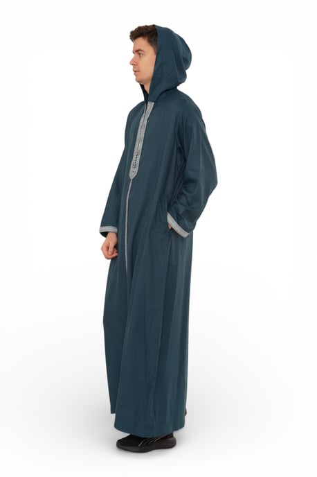 Herren Eid Aqua Green Marokkanische Thobe Robe mit Kapuze Djellaba Ramadan Jubba- HM3 - Image 3
