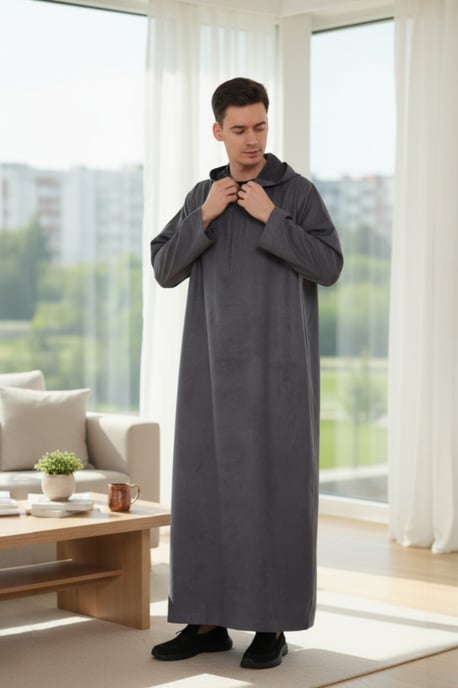 Graue Kapuzen-Eid-Marokkanische Jubba-Robe für Herren Ramadan Eid Thobe LFS - HM12 - Image 1