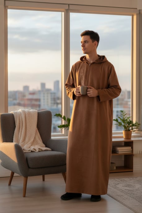 Braune Kapuzen-Eid-Marokkanische Jubba-Robe für Herren Ramadan Eid Thobe LFS - HM12 - Image 1