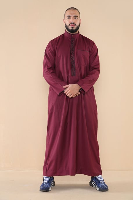 Herren Wein Thobe Jubba Emirati islamische arabische Eid Stickerei Kaftan Jubbah Robe - Image 1