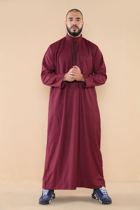 Herren Wein Thobe Jubba Emirati islamische arabische Eid Stickerei Kaftan Jubbah Robe - Image 2