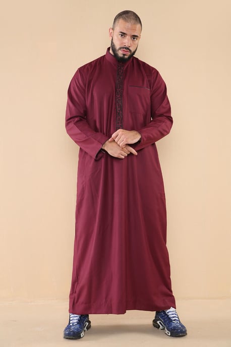 Herren Wein Thobe Jubba Emirati islamische arabische Eid Stickerei Kaftan Jubbah Robe - Image 3