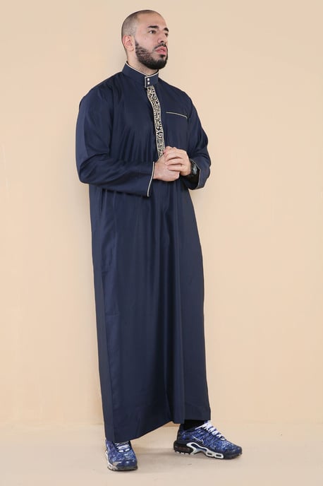 Herren Navy Thobe Jubba Emirati Islamische Arabische Eid Stickerei Kaftan Jubbah Robe - Image 2