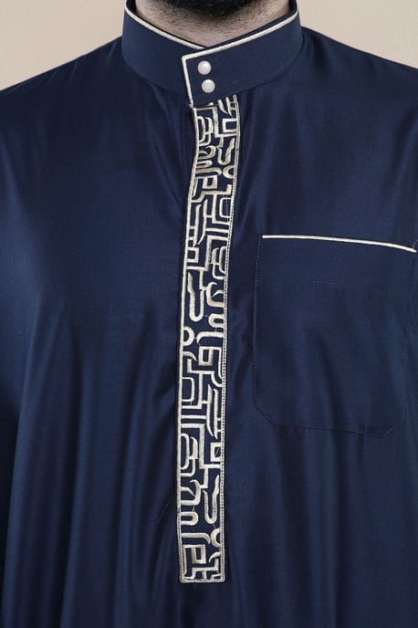 Herren Navy Thobe Jubba Emirati Islamische Arabische Eid Stickerei Kaftan Jubbah Robe - Image 3