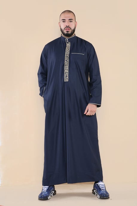 Herren Navy Thobe Jubba Emirati Islamische Arabische Eid Stickerei Kaftan Jubbah Robe - Image 5