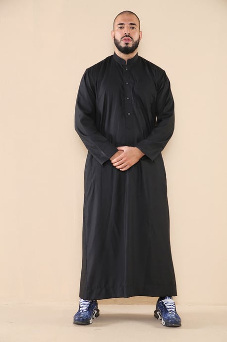 Herren Schwarz Thobe Jubba Saudi Islamisch Arabisch Eid Baumwolle Kaftan Jubbah Umrah Robe - Image 1
