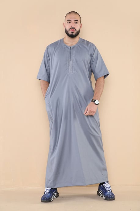 Grauer Thobe Jubba für Herren, islamischer arabischer marokkanischer Saudi-Kaftan mit Reißverschluss und arabischer Robe - Image 4