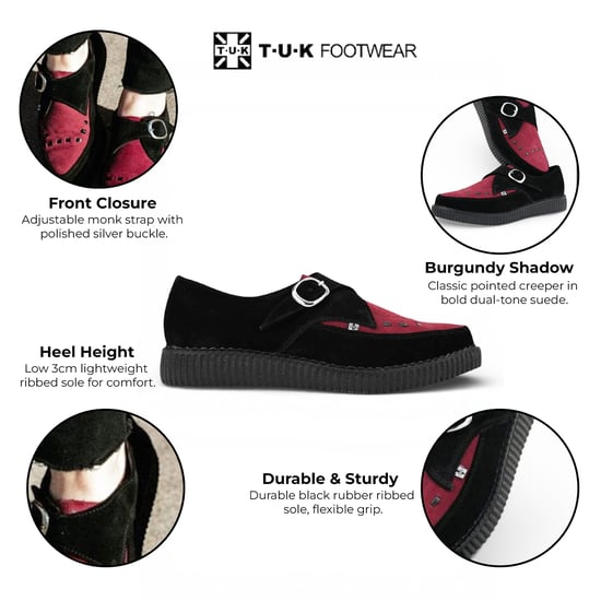 TUK Pointed Creeper Plateau-Schuhe aus schwarzem und burgunderfarbenem Wildleder mit Monk-Schnalle - A9592 - Image 2