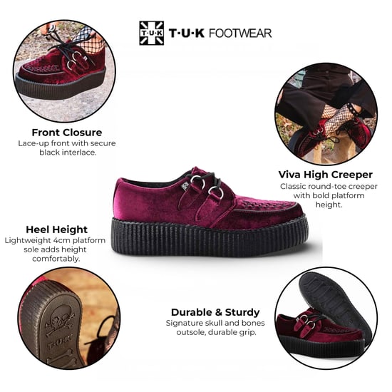 TUK Viva High Creeper Burgunderrote Samt-Plateau-Schnürschuhe im Gothic-Stil - AV6802 - Image 2