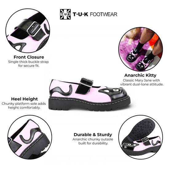 TUK Damen Mary Jane Kitty Pink Schwarze Leder Plateau Gothic Schuhe - T2344 - Image 2