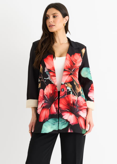 Schwarzer geblümter, kontrastgefütterter Blazer in Übergröße - Image 2