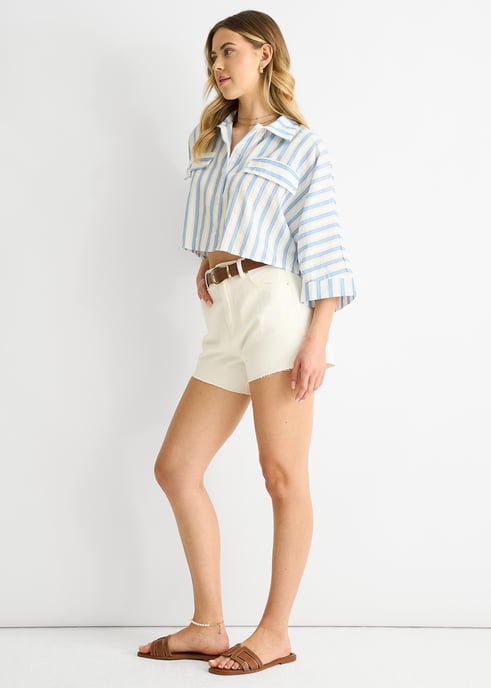 Blau gestreiftes Baumwoll-Crop-Shirt in Übergröße - Image 3