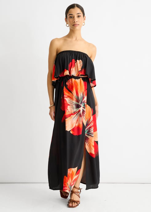 Schwarzes Bardot-Rüschenschlitz-Midikleid aus Viskose - Image 1