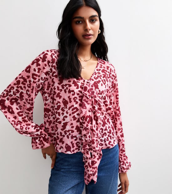 Rosa Chiffon-Bluse mit Tiermuster und Rüschen - Image 3