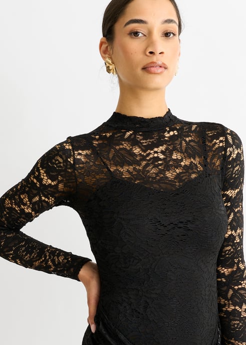 Schwarzes Stretch-Spitzen-Bodycon-Minikleid mit Schnürung vorne - Image 2