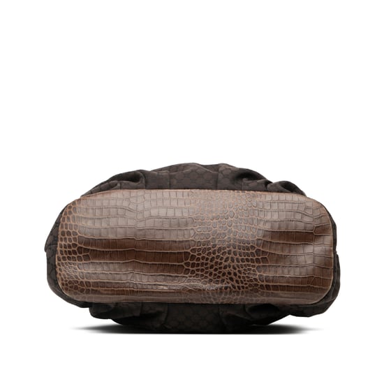 Gebrauchte Macadam-Leinen-Tasche mit geprägtem Lederbesatz vertikal - Image 3