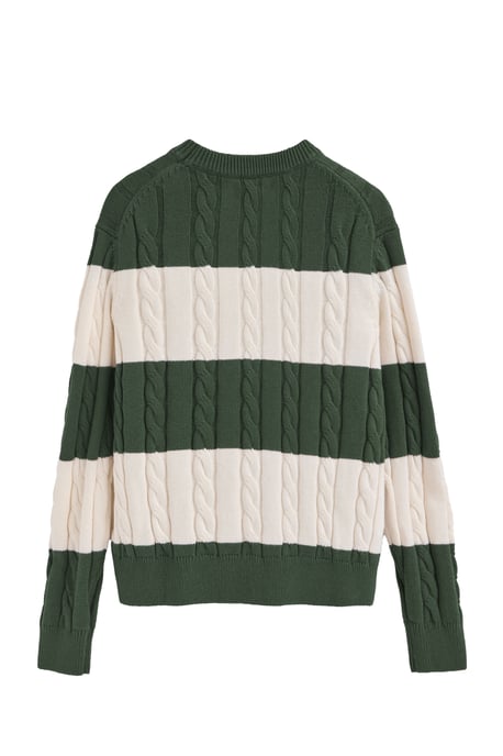 Strickpullover schlammgrün und ecru gestreift mit Zopfmuster und Polo Club-Patch - Image 2