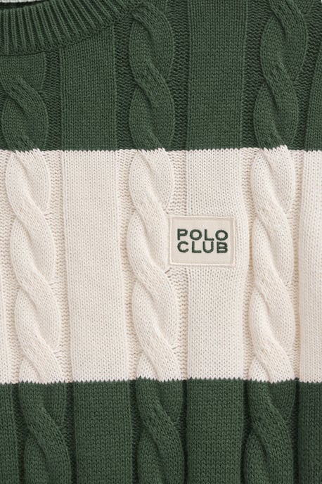 Strickpullover schlammgrün und ecru gestreift mit Zopfmuster und Polo Club-Patch - Image 3