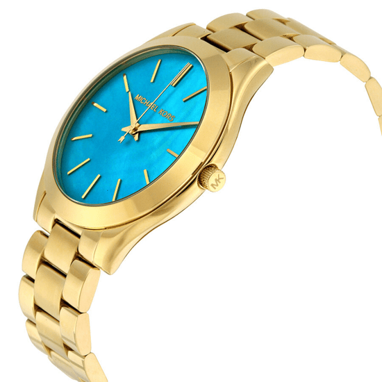 Michael Kors MK3492 Slim Runway 42mm Goldfarbene Edelstahl Damenarmbanduhr mit blauen Zifferblatt - Image 4