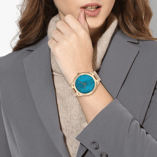 Michael Kors MK3492 Slim Runway 42mm Goldfarbene Edelstahl Damenarmbanduhr mit blauen Zifferblatt - Image 6