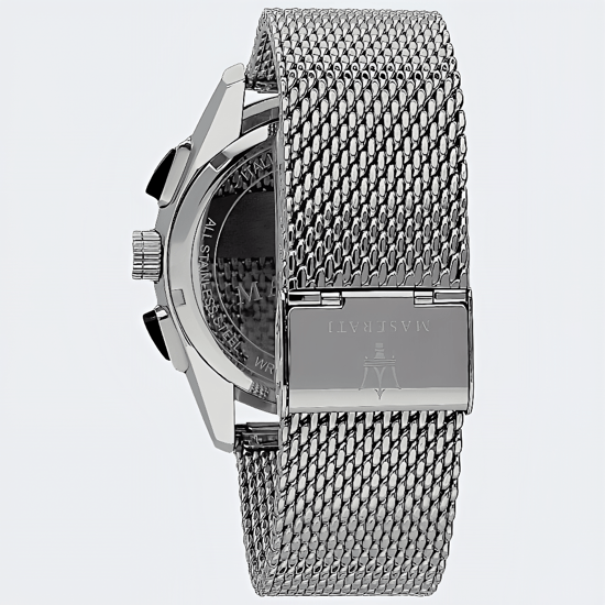 Maserati Traguardo Herren-Chronographenuhr mit schwarzem Zifferblatt und silbernem Mesh-Armband - Image 2