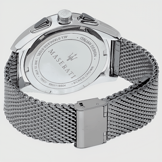 Maserati Traguardo Herren-Chronographenuhr mit schwarzem Zifferblatt und silbernem Mesh-Armband - Image 3