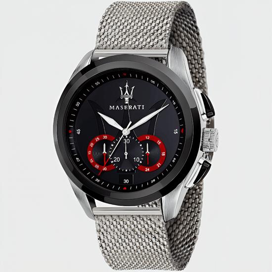 Maserati Traguardo Herren-Chronographenuhr mit schwarzem Zifferblatt und silbernem Mesh-Armband - Image 4
