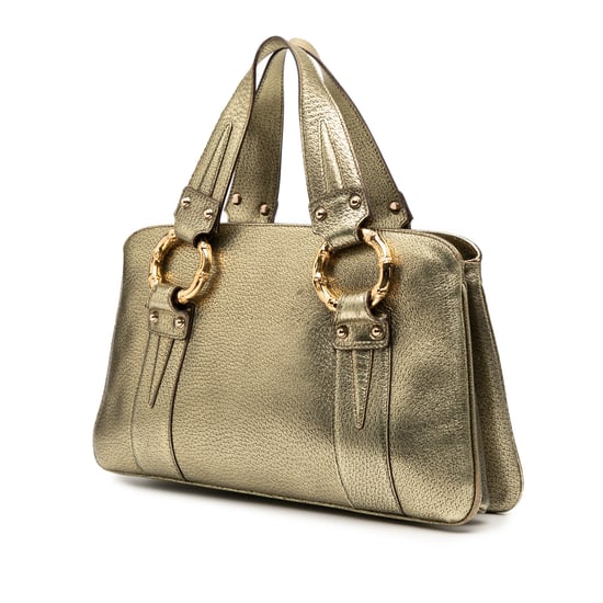Gebrauchte metallische Kalbsleder Handtasche mit Bambusgriff - Image 2