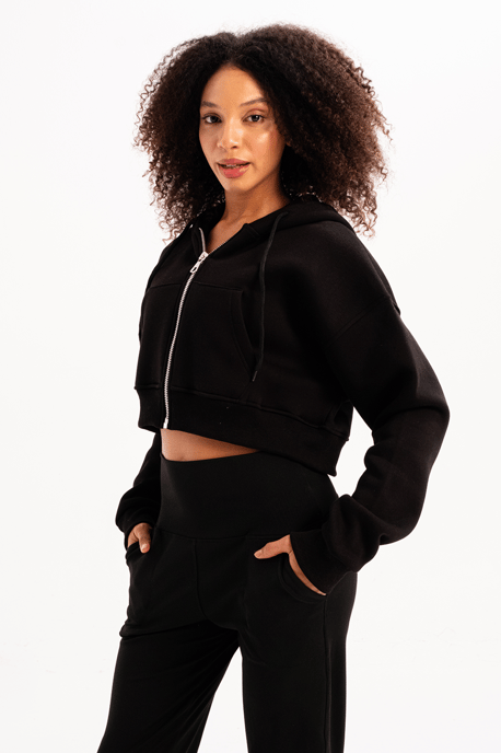 JUSTEVER Crop-Hoodie mit Reißverschluss, Kängurutasche und erhöhtem Bund, Schwarz, Damen-Sweatshirt - Lumen - Image 3