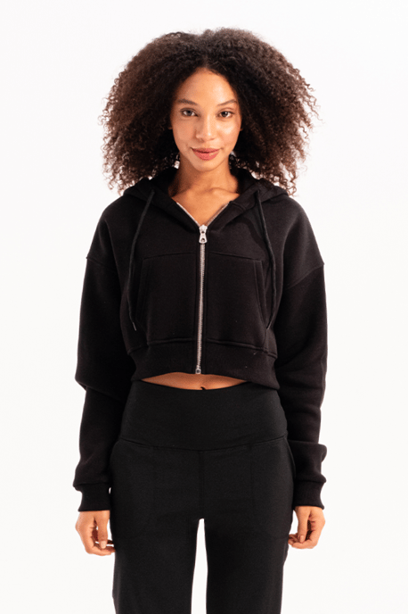 JUSTEVER Crop-Hoodie mit Reißverschluss, Kängurutasche und erhöhtem Bund, Schwarz, Damen-Sweatshirt - Lumen - Image 4