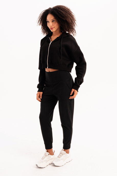 JUSTEVER Crop-Hoodie mit Reißverschluss, Kängurutasche und erhöhtem Bund, Schwarz, Damen-Sweatshirt - Lumen - Image 5