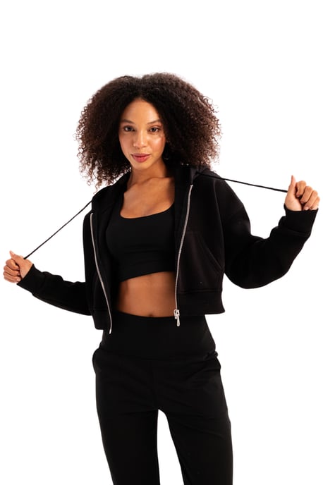JUSTEVER Crop-Hoodie mit Reißverschluss, Kängurutasche und erhöhtem Bund, Schwarz, Damen-Sweatshirt - Lumen - Image 6