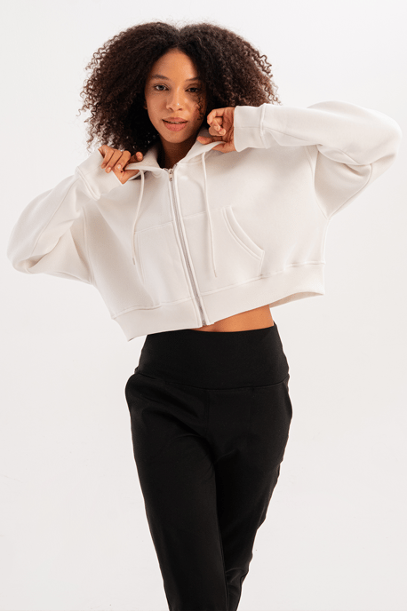 JUSTEVER Crop-Hoodie mit Reißverschluss, Kängurutasche und erhöhtem Saum, Ecru, Damen-Sweatshirt - Lumen - Image 2