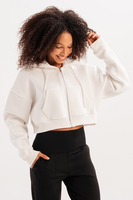 JUSTEVER Crop-Hoodie mit Reißverschluss, Kängurutasche und erhöhtem Saum, Ecru, Damen-Sweatshirt - Lumen - Image 4