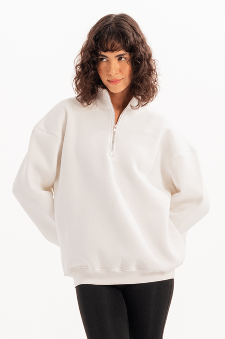 JUSTEVER Oversize Fit Stehkragen Halbreißverschluss Raised Ecru Damen-Sweatshirt - Cass - Image 1