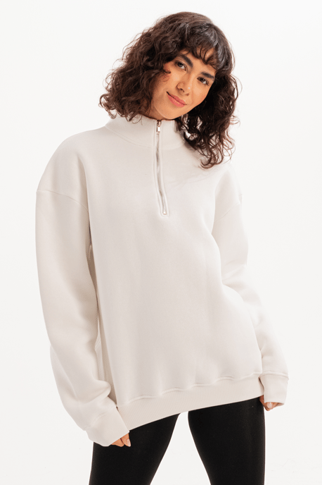 JUSTEVER Oversize Fit Stehkragen Halbreißverschluss Raised Ecru Damen-Sweatshirt - Cass - Image 3